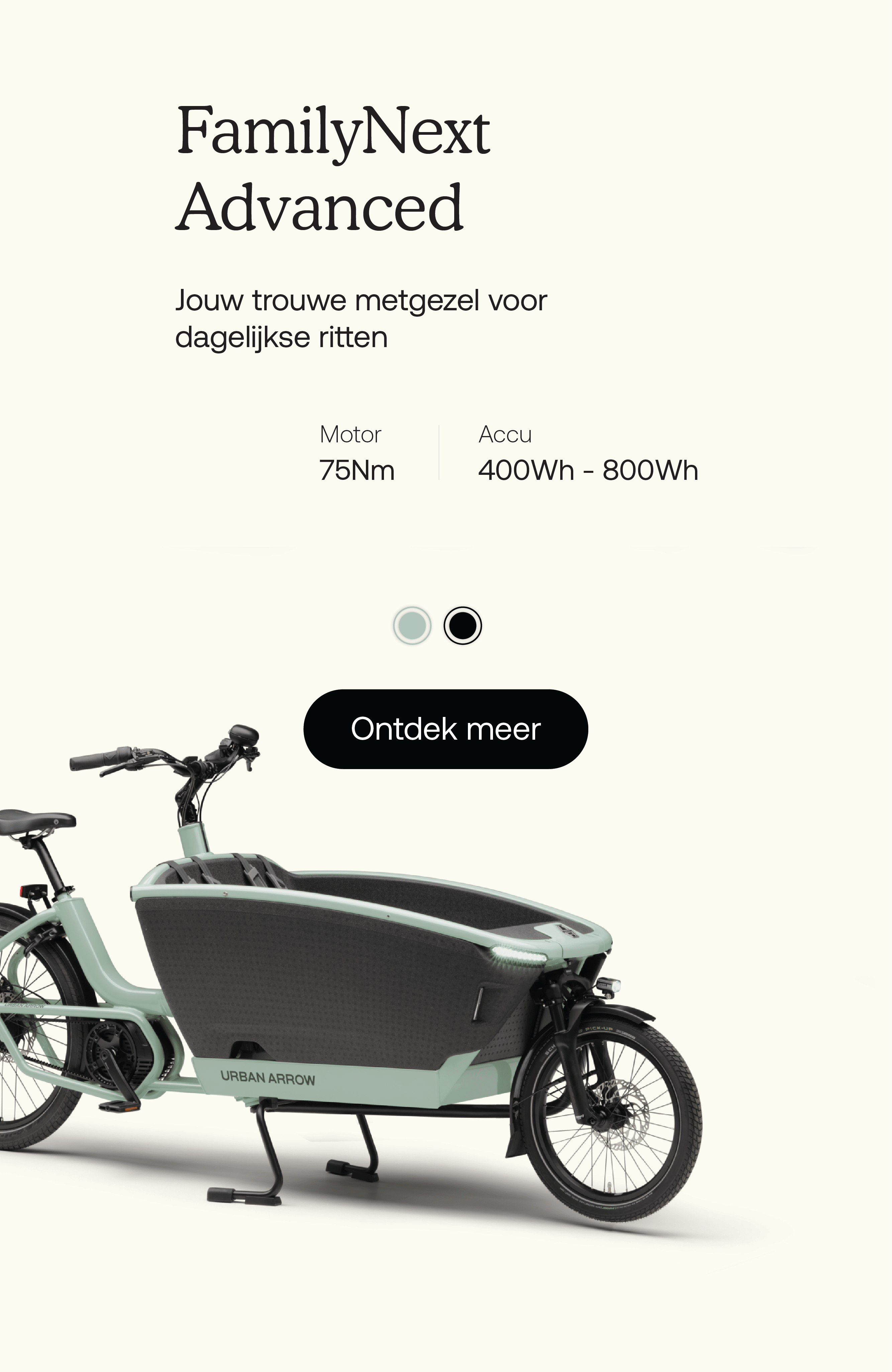 A green cargo bike with a large front storage area is pictured against a plain background. Text reads FamilyNext Advanced, mentioning specifications like Motor 75Nm and Battery 545Wh. A button below says Ontdek meer.